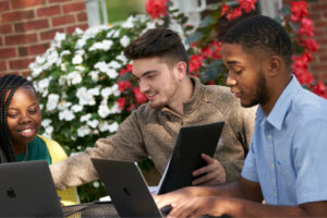 Students outside campus center