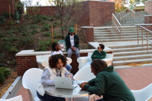 Students relaxing in Curtis Terrace