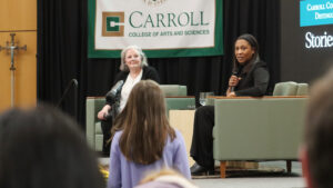 Dr. Jeanette Epps and Sharon Kinsman Salmon discussing space exploration and leadership on stage during the Stories in Space talk.