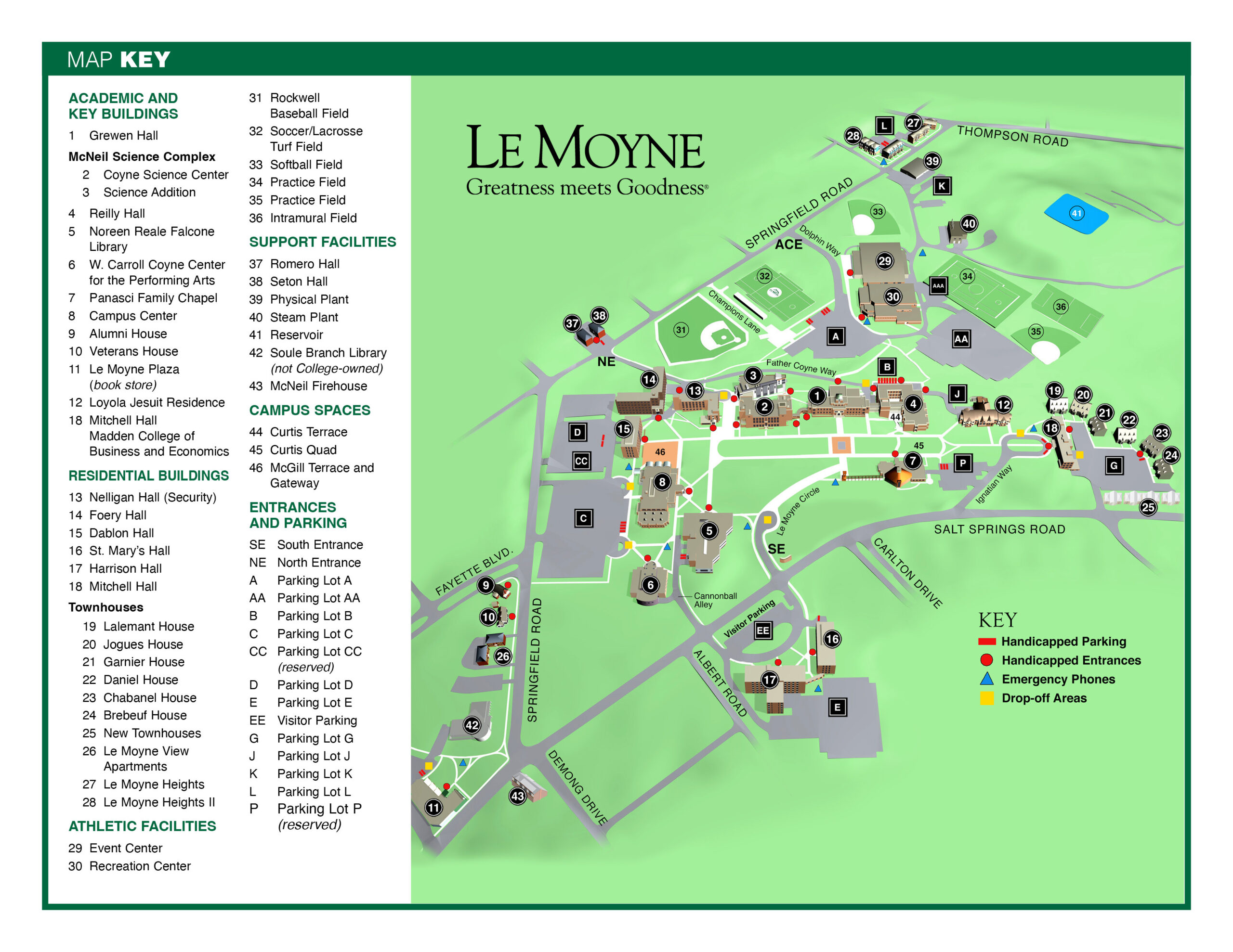 Image of map of Le&nbsp;Moyne College campus with key showing building locations