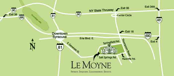 Map showing location of Le&nbsp;69ɫ����Ƶ College in relation to major Syracuse highways