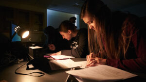 Female physics students in lab
